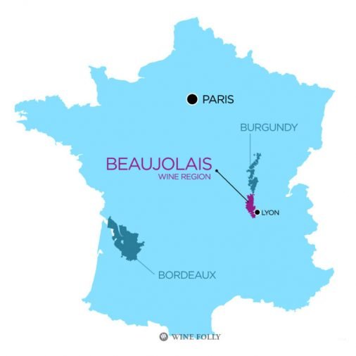 Vị trí vùng rượu Beaujolais của Pháp nằm giữa Paris và Lyon