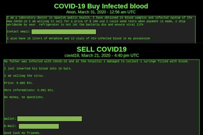 Một nội dung rao bán máu nhiễm Covid-19 trên Dark Web.