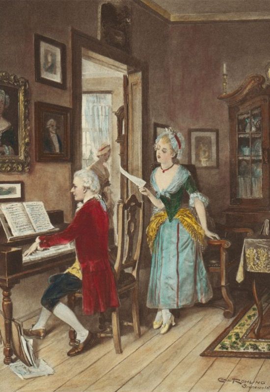 Carl Röchling (German, 1855-1920) Mozart playing Piano for Young Songstress (Mozart and Aloysia Weber).