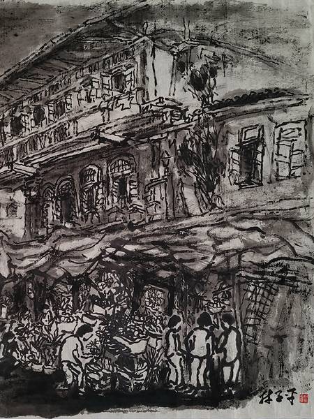 Lim Tze Peng, Chinatown Street Scene, Undated, Chinese ink on paper, 101 x 105cm.