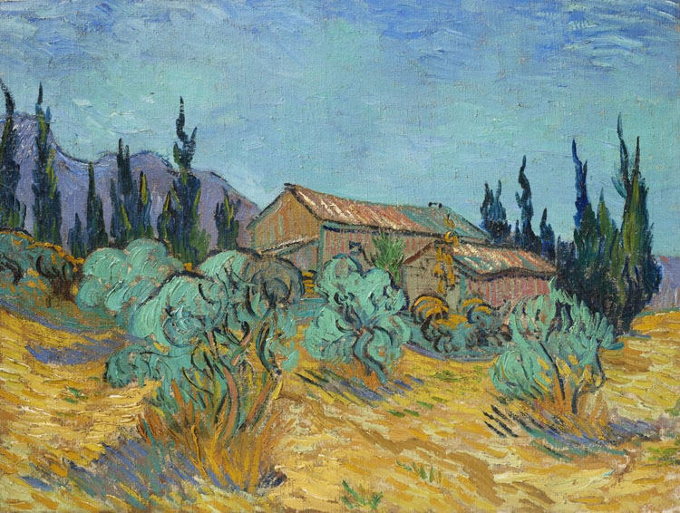 Vincent van Gogh, Cabanes de bois parmi les oliviers et cyprès (1889)